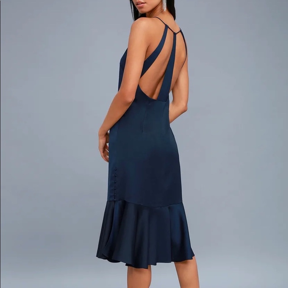 Lulu’s Alston Navy Blue Satin Midi Dress